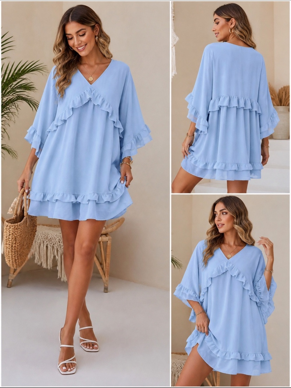 Dokotoo Baby Blue Ruffle Boho Dress Flowy V Neck Loose Fit